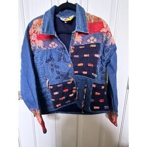 Karen Hart Patchwork Tapestry Denim Jacket Embroidered Mixed Boho vintage Coat